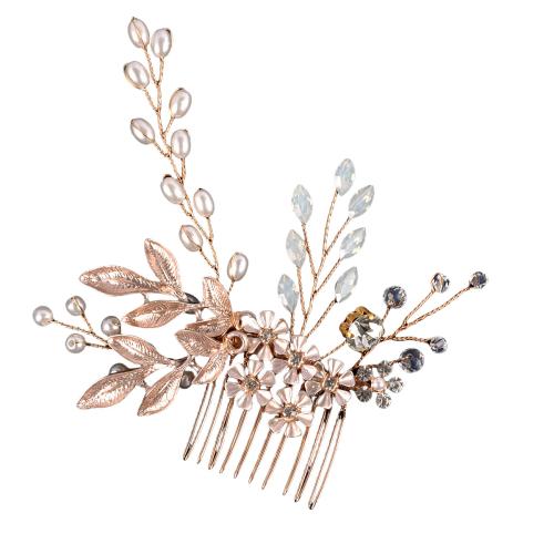 Dekoratives Haarkämmchen, Zinklegierung, mit Messingdraht & Kristall & Kunststoff Perlen, handgemacht, verschiedene Stile für Wahl & für Frau & mit Strass, Roségold, 100x80mm, verkauft von PC