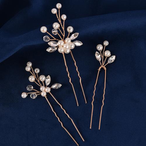 Bâton de cheveux, alliage de zinc, avec fil en laiton & cristal & perle de plastique, fait à la main, trois pièces & bijoux de mode & pour femme, plus de couleurs à choisir, Vendu par fixé