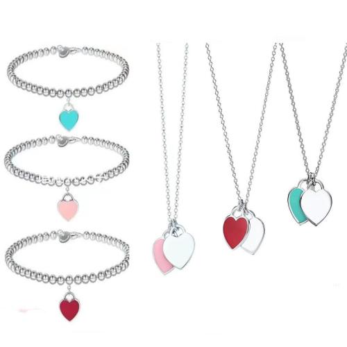 Brass Bracelet and Necklace, Heart, plated & for woman & enamel 