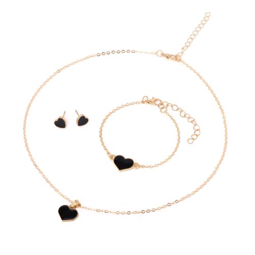 alliage de zinc parure de bijoux, Boucle d’oreille stud & Bracelet & collier, coeur, Placage de couleur d'or, trois pièces & pour femme & émail, plus de couleurs à choisir, Vendu par fixé
