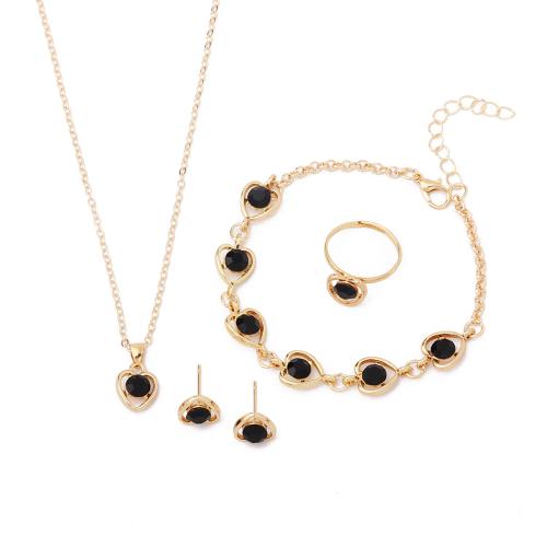 alliage de zinc parure de bijoux, Boucle d’oreille stud & bague, anneau & Bracelet & collier, avec cristal, coeur, Placage de couleur d'or, 4 pièces & pour femme, plus de couleurs à choisir, Vendu par fixé