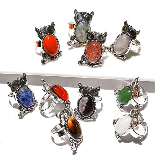 Gemstone Zinc Alloy Finger Ring, Natural Stone, with Zinc Alloy, Owl, fashion jewelry 