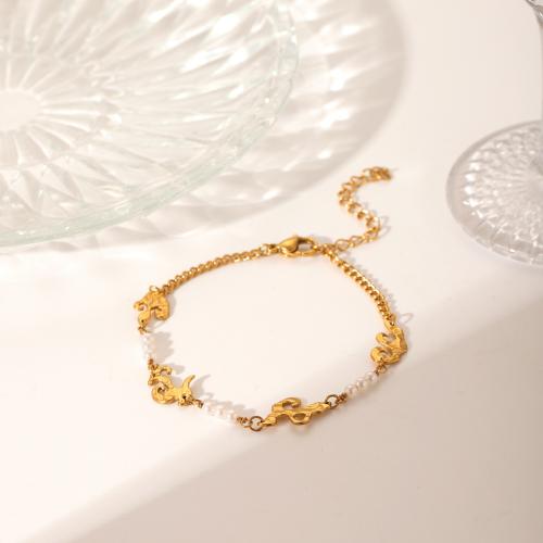 Bracelets en acier inoxydable, Acier inoxydable 304, avec perle de plastique, Placage de couleur d'or, bijoux de mode, doré, Vendu par PC