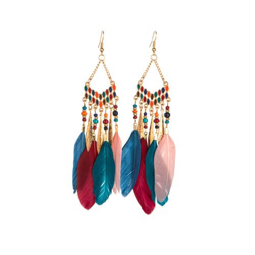 Iron Drop Earring, with Seedbead & Feather, plated, Bohemian style & for woman, earring length 120-150mm 