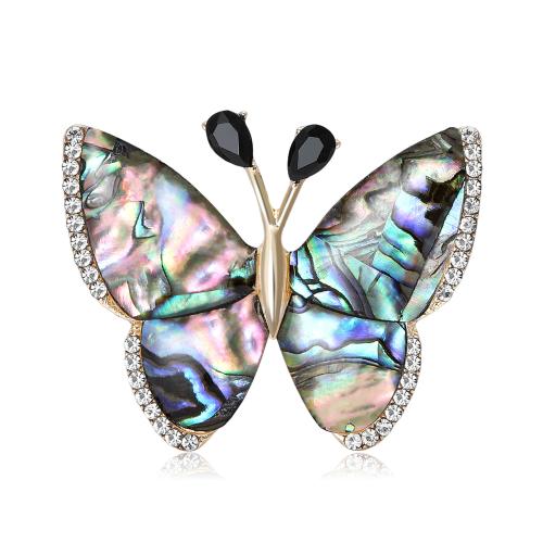 Shell Brooch, Abalone Shell, with Zinc Alloy, Butterfly, gold color plated, for woman & with rhinestone 