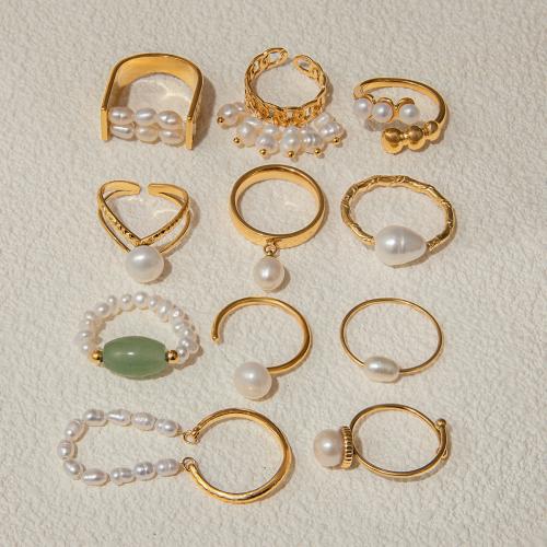 Bague de perle de culture d'eau douce, Acier inoxydable 304, avec perle d'eau douce cultivée, Placage, bijoux de mode & styles différents pour le choix & pour femme, doré, Vendu par PC