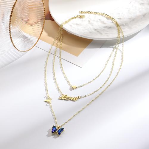 Collier de mode Multi couche, alliage de zinc, avec cristal, Placage de couleur d'or, trois couches & bijoux de mode & pour femme, plus de couleurs à choisir, Vendu par PC