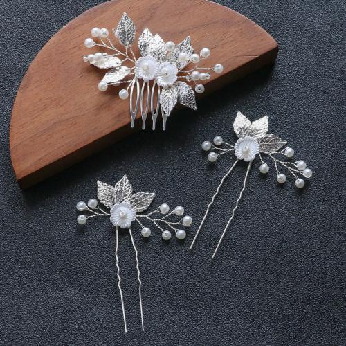alliage de zinc Ensemble de bijoux de cheveux, avec fil en laiton & perle de plastique, fait à la main, trois pièces & bijoux de mode & pour femme, argent, Vendu par fixé