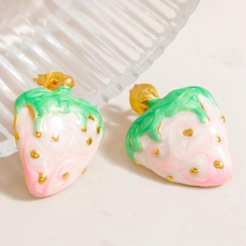 Stainless Steel Stud Earring, 304 Stainless Steel, Strawberry, gold color plated, fashion jewelry & enamel, mixed colors [