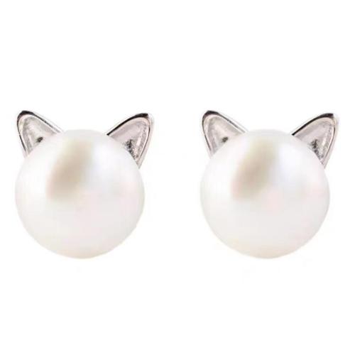 alliage de zinc boucle d oreille dormeuse, avec perle de plastique, chat, Placage de couleur argentée, bijoux de mode & pour femme, 10mm, Vendu par paire