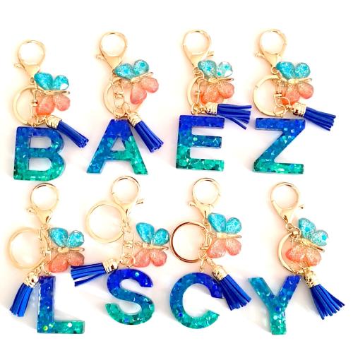 Resin Key Chain, with Zinc Alloy, Alphabet Letter, Unisex skyblue, 115mm 