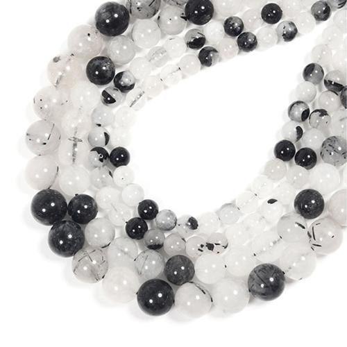 Perles Quartz rutile, Quartz rutile noir, Rond, DIY & normes différentes pour le choix, blanc et noir Environ 38 cm, Vendu par brin