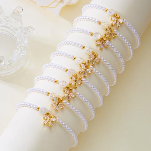 Messing-Armbänder, Messing, mit Muschel & Kunststoff Perlen, Schleife, goldfarben plattiert, verschiedene Muster für Wahl & Micro pave Zirkonia & für Frau, keine, Länge:18 cm, verkauft von PC