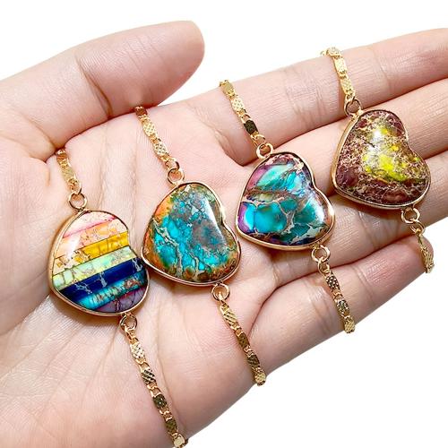 Impression Jasper Bracelet, Zinc Alloy, with Impression Jasper, Heart, gold color plated, fashion jewelry 