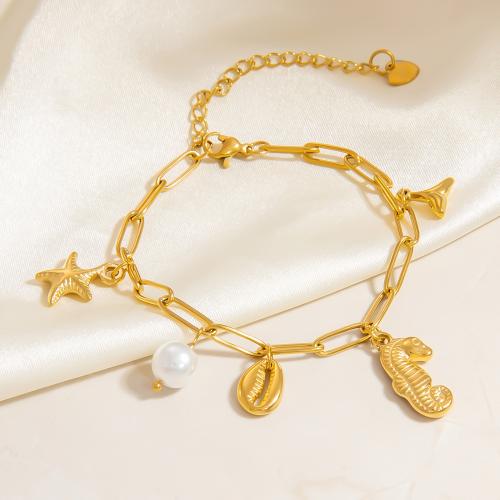 Bracelet en acier inoxydable, Acier inoxydable 304, avec perle de plastique, Placage de couleur d'or, bijoux de mode, doré, Vendu par PC