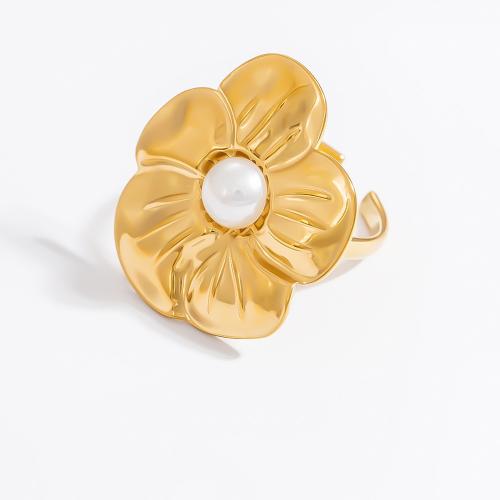 Bague en acier inoxydable, Acier inoxydable 304, avec perle de plastique, Placage de couleur d'or, bijoux de mode, doré, Vendu par PC