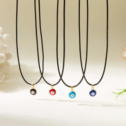 collier d'Émail en alliage Zinc, alliage de zinc, avec cordon en cuir, avec 5CM chaînes de rallonge, Rond, Placage de couleur d'or, motif de mauvais œil & pour femme & émail, plus de couleurs à choisir cm, Vendu par PC