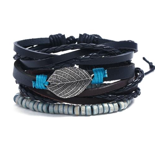 Cowhide Bracelets, with PU Leather & Wax Cord & Wood, handmade, 4 pieces & fashion jewelry & for man, black about 6cm. [