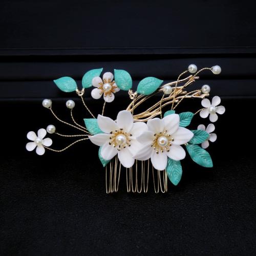 Bridal Decorative Hair Comb, Zinc Alloy, with brass wire & Polymer Clay & Plastic Pearl, plated, fashion jewelry & handmade & for woman, golden 