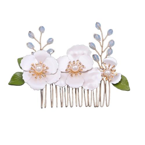 Bridal Decorative Hair Comb, Zinc Alloy, with brass wire & Polymer Clay & Crystal & Plastic Pearl, handmade, fashion jewelry & for woman, golden 