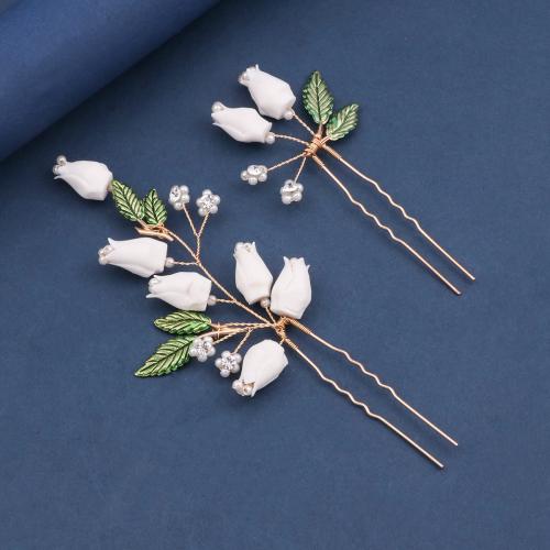Bâton de cheveux, alliage de zinc, avec fil en laiton & argile de polymère & perle de plastique, fait à la main, 2 pièces & bijoux de mode & pour femme, doré, Vendu par fixé