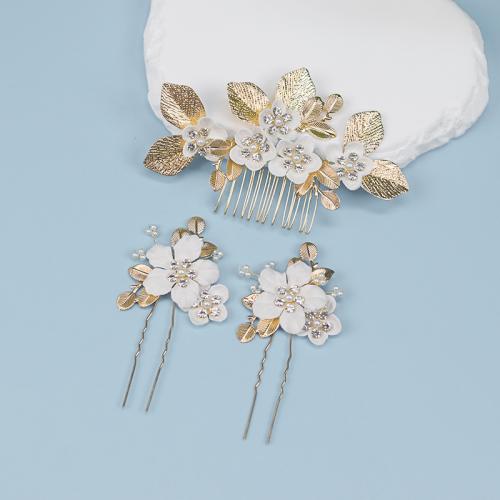 Bâton de cheveux, alliage de zinc, avec fil en laiton & argile de polymère & perle de plastique, fait à la main, trois pièces & pour femme & avec strass, doré, Vendu par fixé