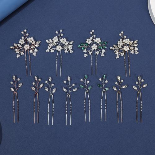 Bâton de cheveux, alliage de zinc, avec fil en laiton & cristal & perle de plastique, fait à la main, trois pièces & bijoux de mode & pour femme, plus de couleurs à choisir, Vendu par fixé