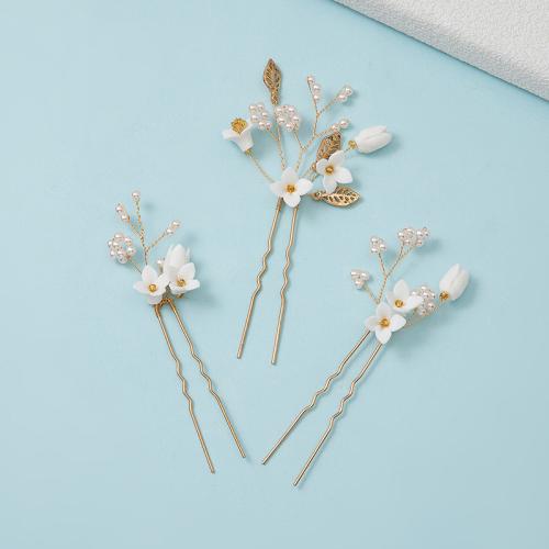 Bâton de cheveux, alliage de zinc, avec fil en laiton & argile de polymère & perle de plastique, fait à la main, trois pièces & bijoux de mode & pour femme, plus de couleurs à choisir Vendu par fixé