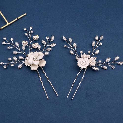 Bâton de cheveux, alliage de zinc, avec fil en laiton & argile de polymère & perle de plastique, fait à la main, styles différents pour le choix & pour femme & avec strass, argent, Vendu par PC