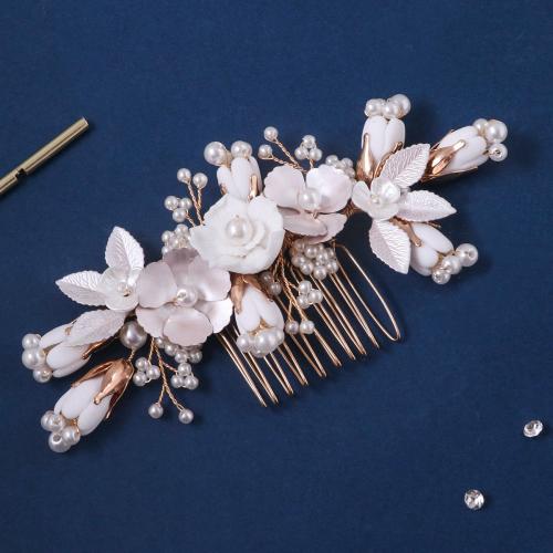 Bridal Decorative Hair Comb, Zinc Alloy, with brass wire & Polymer Clay & Plastic Pearl, handmade, fashion jewelry & for woman, golden 
