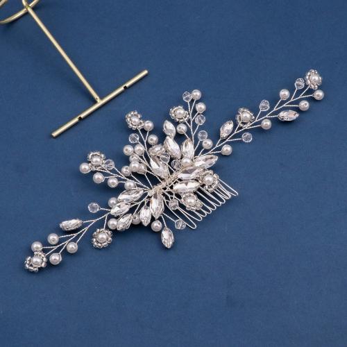 Bridal Decorative Hair Comb, Zinc Alloy, with Seedbead & brass wire & Crystal & Plastic Pearl, handmade, fashion jewelry & for woman, silver color 
