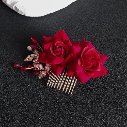 Bridal Decorative Hair Comb, Zinc Alloy, with brass wire & Velveteen & Crystal & Plastic Pearl, handmade, fashion jewelry & for woman & with rhinestone, red 