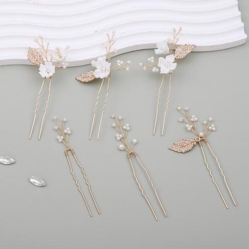 Épingles à cheveux, alliage de zinc, avec fil en laiton & argile de polymère & perle de plastique, fait à la main, 6 pièces & bijoux de mode & pour femme & avec strass, doré, Vendu par fixé