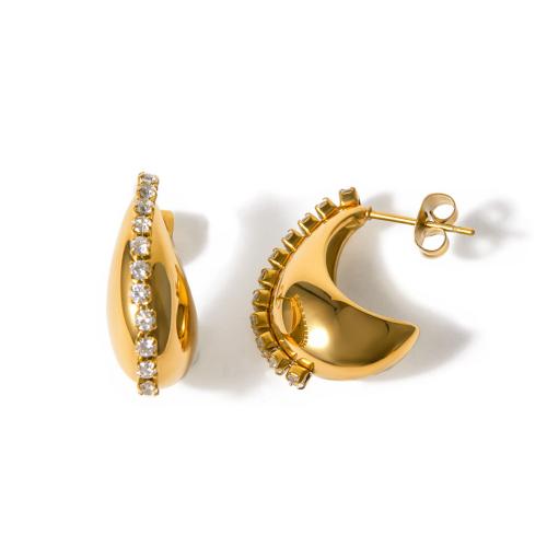 clou d'oreille en acier inoxydable avec stras, Acier inoxydable 304, Plaqué or 18K, bijoux de mode & pour femme & avec strass, Vendu par paire