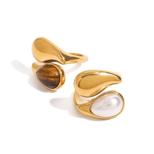 Pierre précieuse bague en acier inoxydable, Acier inoxydable 304, avec oeil de tigre, Plaqué or 18K, bijoux de mode & différents matériaux pour le choix & pour femme, Vendu par PC
