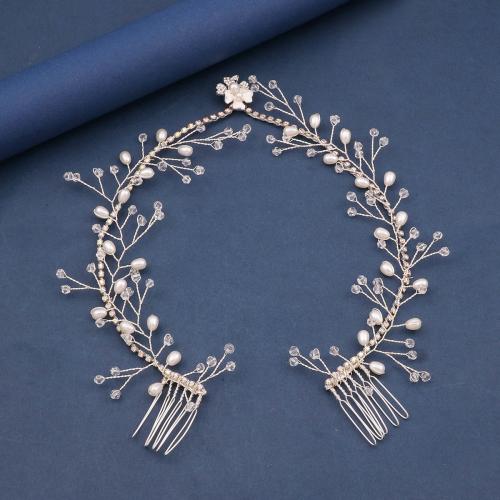 Frontlet nuptiale, alliage de zinc, avec fil en laiton & cristal & perle de plastique, fait à la main, bijoux de mode & pour femme, argent, Vendu par PC