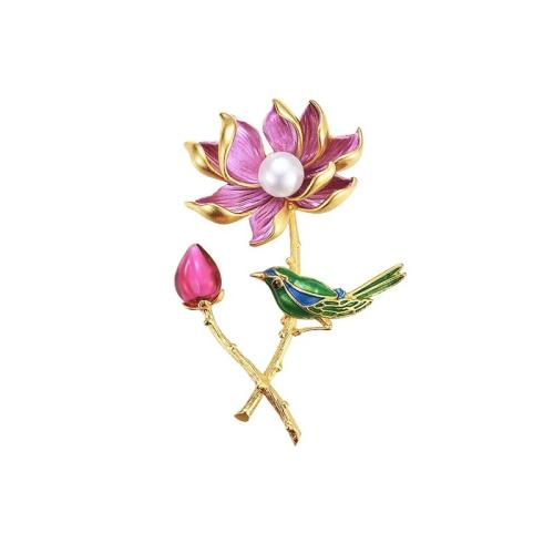 Zinc Alloy Brooch, with Plastic Pearl, Flower, gold color plated, for woman & enamel, 40mm 
