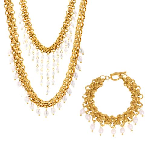 Parures de bijoux de la mer du Sud, Acier inoxydable 304, avec Shell Pearl, Placage, bijoux de mode & styles différents pour le choix & pour femme, doré, Vendu par PC