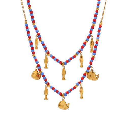 Glass Seed Beads Necklace, 304 Stainless Steel, with Glass Beads, plated, fashion jewelry & for woman, golden [