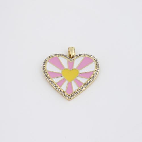 Pendentifs de Émail laiton , coeur, Placage de couleur d'or, DIY & pavé de micro zircon & émail Vendu par PC