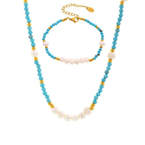 Conjuntos de joyería perlas de agua dulce natural, acero inoxidable 304, con turquesa & Perlas cultivadas de agua dulce, chapado, diferentes estilos para la opción & para mujer, multicolor, Vendido por UD[
