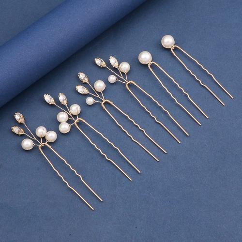 Bâton de cheveux, alliage de zinc, avec fil en laiton & cristal & perle de plastique, fait à la main, 6 pièces & bijoux de mode & pour femme, plus de couleurs à choisir, Vendu par fixé