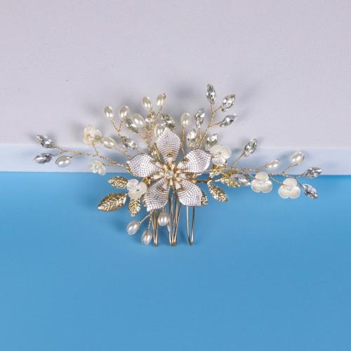 Zinc Alloy Hair Jewelry Set, with brass wire & Crystal & Plastic Pearl, plated, fashion jewelry & handmade & for woman, golden, Comb :11cmx6.5cm Hairpin :10cmx6.5cm 