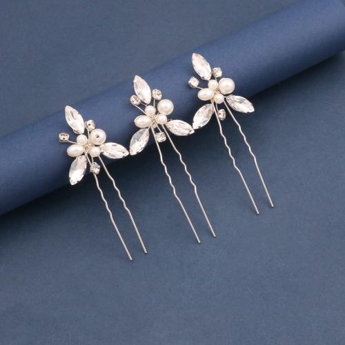 Bâton de cheveux, alliage de zinc, avec fil en laiton & cristal & perle de plastique, fait à la main, trois pièces & bijoux de mode & pour femme, plus de couleurs à choisir, Vendu par fixé