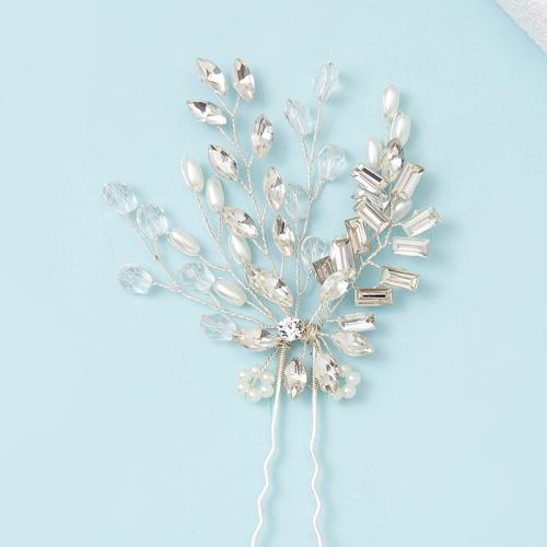 Bâton de cheveux, alliage de zinc, avec fil en laiton & cristal & perle de plastique, fait à la main, bijoux de mode & pour femme, argent Vendu par PC