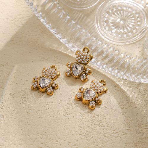 Rhinestone Stainless Steel Pendants, 304 Stainless Steel, with Plastic Pearl, Bear, gold color plated, DIY & with rhinestone 