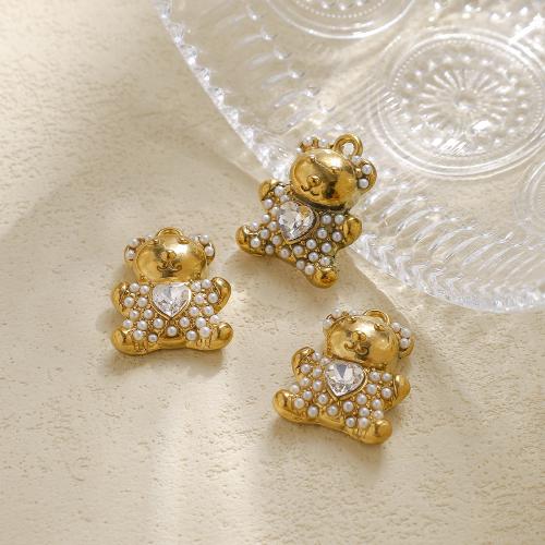 Rhinestone Stainless Steel Pendants, 304 Stainless Steel, with Plastic Pearl, Bear, gold color plated, DIY & with rhinestone 