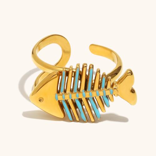 Émail Bague en Acier inoxydable , Acier inoxydable 304, poisson, Placage de couleur d'or, Réglable & pour femme & émail, Vendu par PC