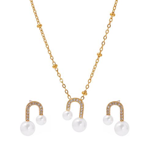 Cubic Zirconia Micro Pave Ensembles de bijoux en acier inoxydable, Acier inoxydable 304, avec Shell Pearl & zircon cubique, Placage, bijoux de mode & styles différents pour le choix & pour femme, plus de couleurs à choisir, Vendu par PC