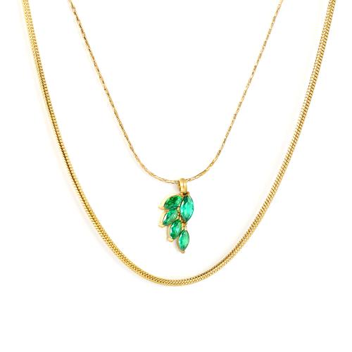 Collier en acier inoxydable Zircon, Acier inoxydable 304, avec zircon cubique, Placage de couleur d'or, Double couche & bijoux de mode & pour femme, Vendu par PC